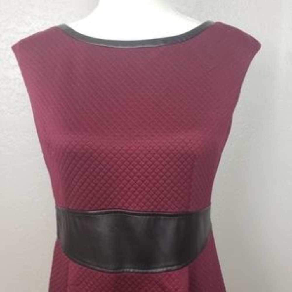 London Times Maroon Dress Faux Leather Trim Sz 14